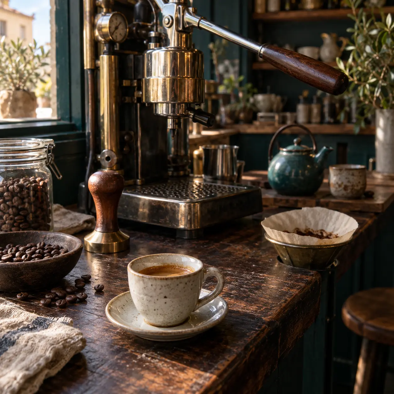Espresso, macchina da caffè e filtro in una caffetteria indipendente