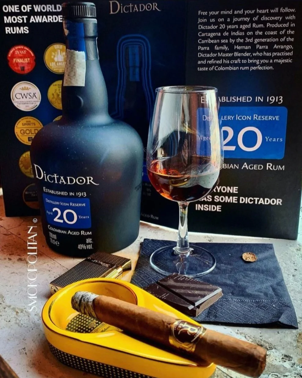 Rum Dictador, bicchiere e sigaro